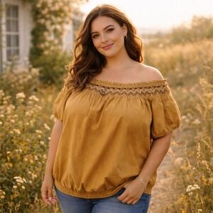 Old Navy women‎ 3XL brown embroidered smocked peasant blouse cottage, romantic